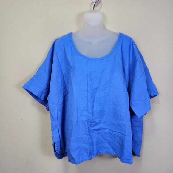 FLAX Designs Linen Top Womens 2G Blue Lagenlook Tunic Oversized Boho Shirt 24W - Picture 2 of 14